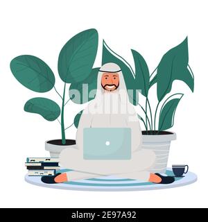 Arab man in traditional clothes sitting with laptop. Online education, freelance concept. Happy, smiling character, successful and productive in flat style. Vector illustration Stock Vector