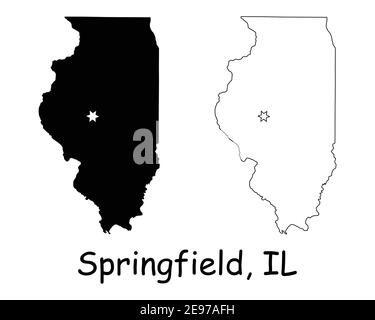 Illinois IL state Map USA with Capital City Star at Springfield. Black silhouette and outline isolated on a white background. EPS Vector Stock Vector