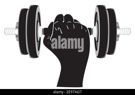 Human hand holding dumbbells, sports themed illustration. Stock Vector