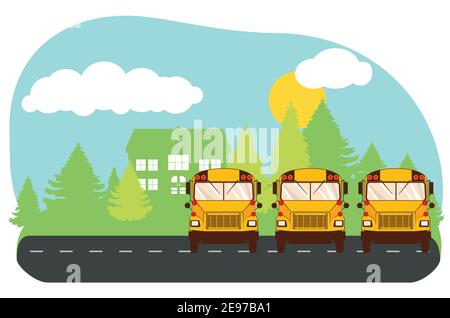 Rural school building and yellow bus illustration. Stock Vector