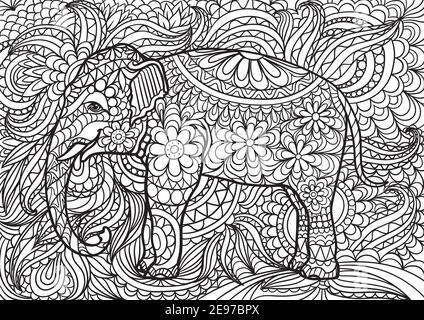 Zentangle stylized elephant in bamboo forest. Animals. Hand drawn doodle. Ethnic patterned illustration. African, indian, totem tatoo design. Sketch f Stock Vector