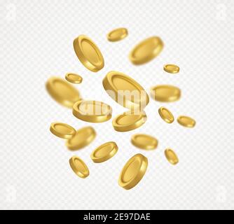 Flying golden coins isolated on white transparent background. Vector illustration Stock Vector