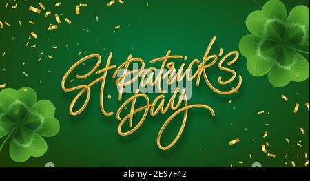 Golden realistic lettering Happy St. Patricks Day with realistic clover leaves background. Background for poster, banner Happy Patrick. Vector Stock Vector