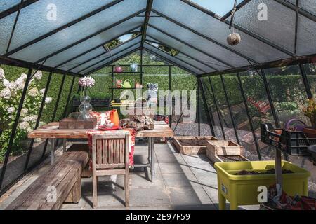 Appeltern, The Netherlands, July 30, 2020: Inside a greenhouse in a garden somewhere in the Netherlands Stock Photo