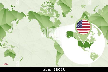 America centric world map with magnified USA map. Green polygonal world map. Stock Vector