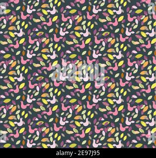 Colorful seasonal leaf and bird vector seamless pattern with dark background Stock Vector