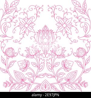 Seamless pattern pink irises on a white blue-purple patternSymmetrical pattern of flowers. Print for textiles. Stock Vector