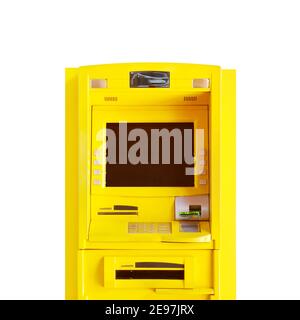 Yellow ATM Machine Isolated on White Background with Clipping Path Stock Photo