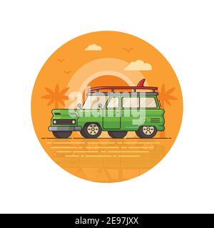 Surfing Car Seaside Icon in Line Art Stock Vector
