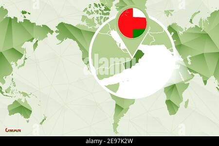 America centric world map with magnified Oman map. Green polygonal world map. Stock Vector