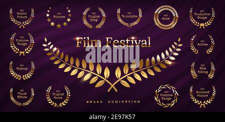 Golden shiny award laurel wreaths isolated on violet waving curtain background. Vector Film Awards design elements Stock Vector