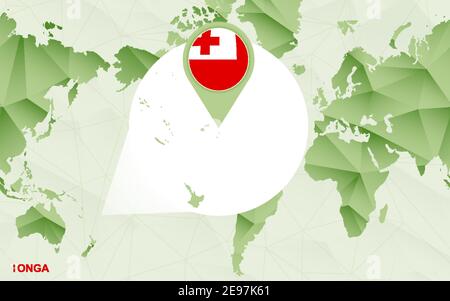 America centric world map with magnified Tonga map. Green polygonal world map. Stock Vector