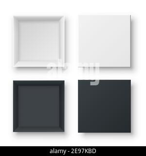 Realistic open empty gift boxes two view. Paper square cardboard white and black container mockups. Blank package models for wrapped product, present, Stock Vector