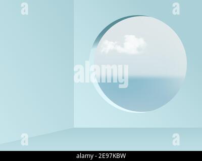 Round window view from blue empty room abstract background. View on blue sky, sea and clouds vector illustration. Abstarct minimal interior design of Stock Vector