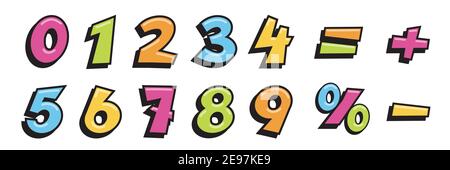 Math numbers and symbols set. Cute school mathematics elements for children vector illustration. Colorful numerical signs, minus, plus, equal, percent Stock Vector