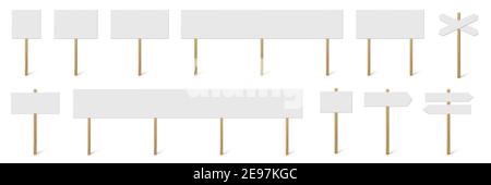 Signposts and banners with blank boards set. Wooden sticks with white signs vector illustration. Retro street direction posts isolated on white backgr Stock Vector