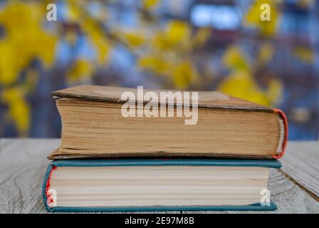 Two books on the table against the background of an autumn landscape for wallpaper Stock Photo