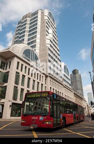 LONDON, UK - AUGUST 15, 2009:    A Mercedes-Benz Citaro O530Gs bus on route 149 passing 20 Gracechurch Street in the City of London Stock Photo