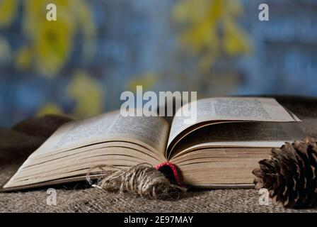 An open book on the table against the background of an autumn landscape for wallpaper Stock Photo