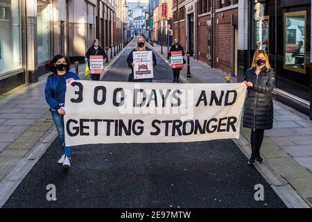 Cork, Ireland. 3rd Feb, 2021. Ex-Debenhams workers have now been picketing Debenhams stores for 300 days. Workers in Cork held a small protest, due to Covid-19, outside the Patrick Street store this morning to mark the milestone. Cork Shop Steward Valerie Conlon says there is still no sign of a resolution. Credit: AG News/Alamy Live News Stock Photo