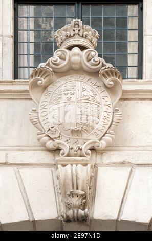 LONDON, UK - AUGUST 15, 2009:  Carving of the Royal Coat of Arms for Kings Charles I and II on Temple Bar Gate in Paternoster Square Stock Photo