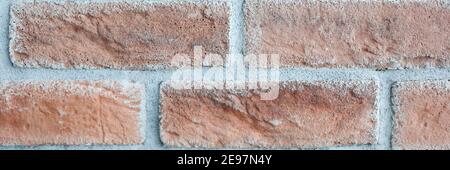 Close-up of red brick wall. Long bricks with cement. Part of construction site. Cropped picture of new building. Renovation progress. Straight line. T Stock Photo