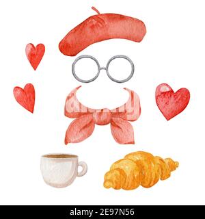 Women beret, silk scarf and glasses watercolor illustration. Stock Photo