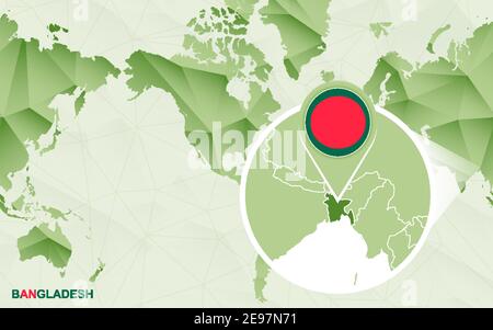 America centric world map with magnified Bangladesh map. Green polygonal world map. Stock Vector