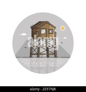 Wooden Bay Watch Tower in Line Art Stock Vector