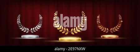 Golden, silver and bronze award signs with podiums laurel wreath isolated on red waving curtain background. Vector award design templates Stock Vector