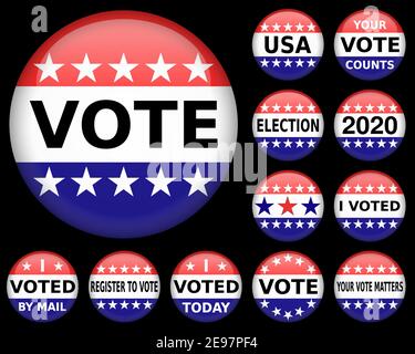 collection of election campaign vote pins isolated on black Stock Vector