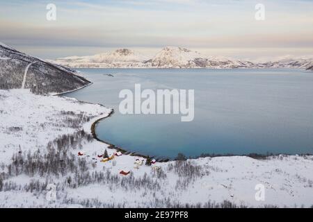 Snow covered mountains near to Kvaloya in northern Norway. Stock Photo