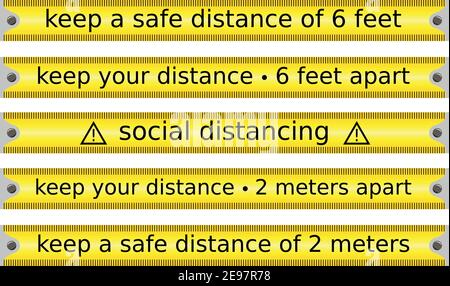 set of yellow measuring tape concerning social or safe distancing in an outbreak period vector isolated Stock Vector