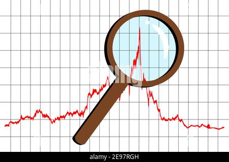 Magnifying lens on the peak of stock financial diagram vector illustration Stock Vector