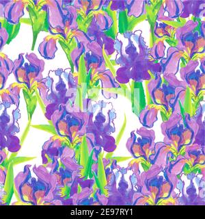Seamless pattern pink irises on a white blue-purple pattern Stock Vector