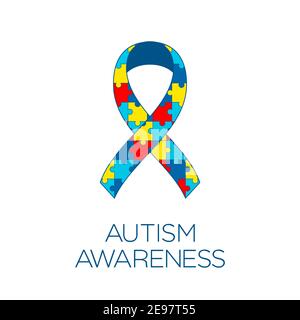 Autism awareness ribbon. Colorful puzzle pieces bow. Jigsaw puzzle pattern ribbon. World autism awareness day. Autistic spectrum disorders. Vector Stock Vector