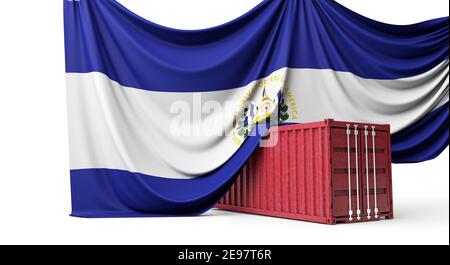 El Salvador flag draped over a commercial shipping container. 3D Rendering Stock Photo