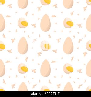 Egg whole and broken with yellow, eggshell seamless pattern. Summer, spring background. Fabric print design. Bright decoration. Stock Vector