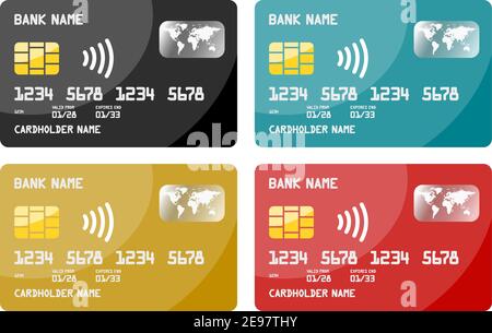 Collection realistic detailed contactless credit cards set isolated on white. Front side template. Money, payment symbol. Vector illustration Stock Vector