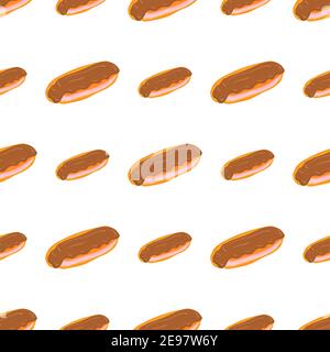 Packaging design template with colorful eclair with caramel glaze and pink cream seamless pattern. Cartoon vector illustration. Decorative print for wrapping paper, wallpaper. Stock Vector
