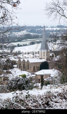 Almondsbury in the Snow.  St Mary's parish church Stock Photo