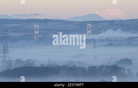Misty winter view of the Severn Bridge form Almondsbury, south glos, UK Stock Photo