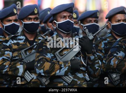 Colombo, Sri Lanka. 3rd Feb, 2021. Sri Lanka Air Force soldiers during the 73rd Independence Day rehearsal Parade in Colombo on February 3, 2021. Sri Lanka's independence from British colonial rule is celebrated on Feb. 4 each year. Credit: Pradeep Dambarage/ZUMA Wire/Alamy Live News Stock Photo