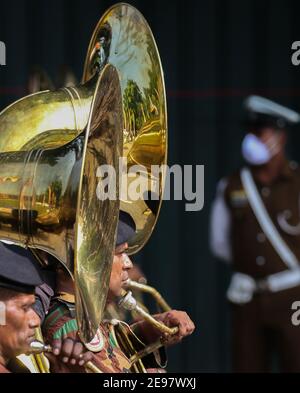 Colombo, Sri Lanka. 3rd Feb, 2021. Members of military musical band perform during the 73rd Independence Day rehearsal Parade in Colombo on February 3, 2021. Sri Lanka's independence from British colonial rule is celebrated on Feb. 4 each year. Credit: Pradeep Dambarage/ZUMA Wire/Alamy Live News Stock Photo