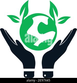 Green world logo, Safe world on hand icon vector Stock Vector