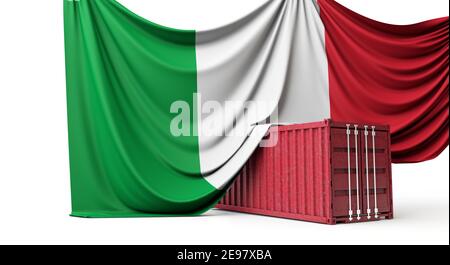 Italy flag draped over a commercial trade shipping container. 3D Rendering Stock Photo