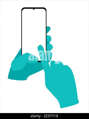 hands in gloves holding smartphone with white empty screen. blue screen, vector illustration, flat style Stock Vector