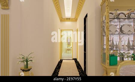 3d render Illustration classic style lobby . white, black and gold theme classic combinations. Stock Photo