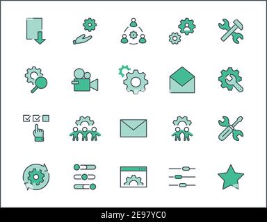 Set of Settings and Setup Vector Line Icons. Contains such Icons as Gear, Setting, Control, Iinstall, Options, Service, and more. Editable Stroke Stock Vector
