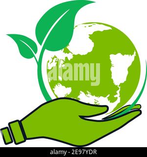 Green world logo, Safe world on hand icon vector Stock Vector
